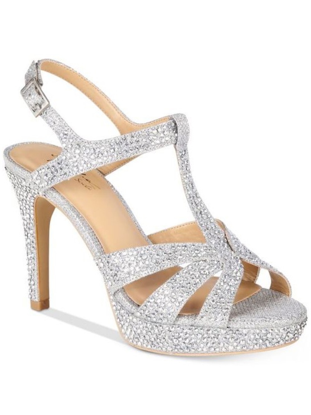 Thalia Sodi Silver Crystal T-Strap Platform Heels